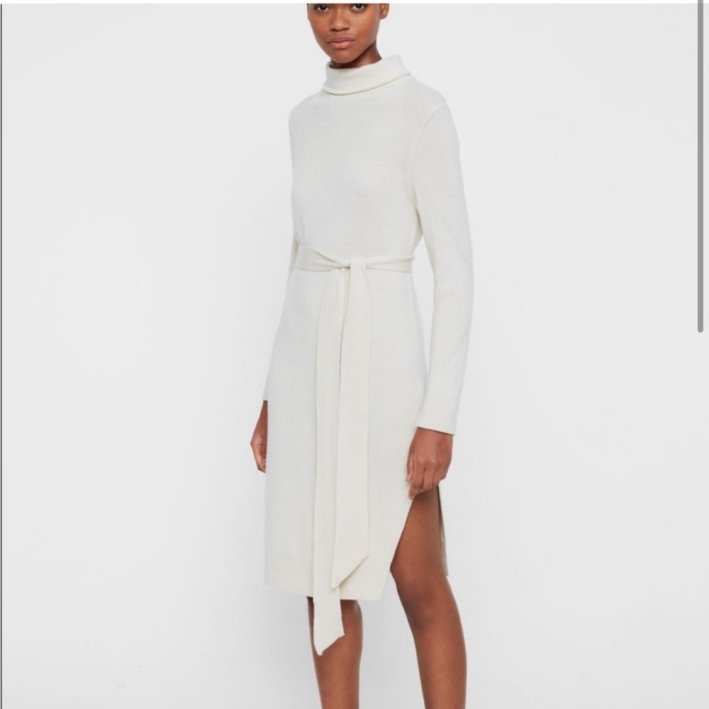 All Saints Roza Cashmere Wool Turtleneck Sweater Ribbed Midi Dress Cream White - Picture 3 of 11